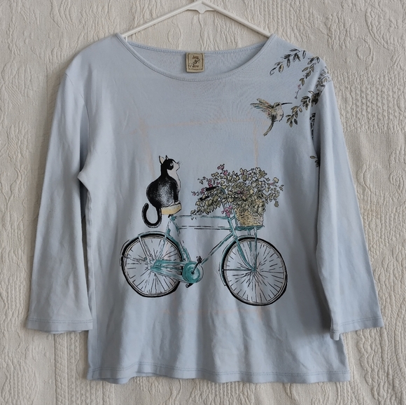 Jade & Jane Cat on Bike Top Whimsical Cottagecore Cat Lover Light Blue - Picture 8 of 8